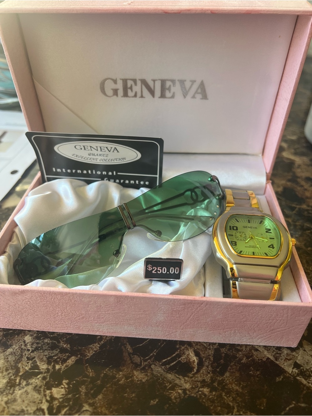 Geneva Two-Tone Watch with Green Dial and Green Lens Sunglasses Set